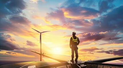 A man stands on a platform in front of a wind farm