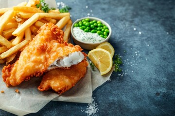 Poster - A delicious serving of fish and chips featuring crispy fried fish, golden fries, tartar sauce, peas, and fresh lemon slices enticingly arranged for a hearty meal