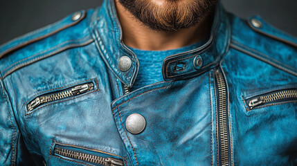 A man showcases a striking blue leather jacket while displaying an engaging expression in a well-lit environment