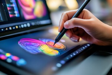 Wall Mural - A designer's hand skillfully uses a stylus on a digital drawing tablet to craft an abstract, colorful design in a contemporary setting