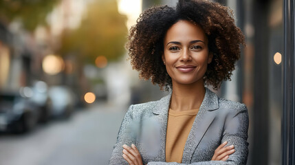 Confident businesswoman with arms crossed standing on city street.