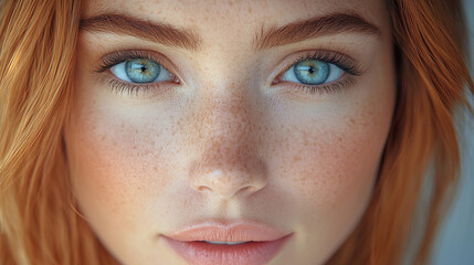 Wall Mural - A young person with auburn hair and striking blue eyes gazes directly at the viewer, highlighting their natural features and freckles