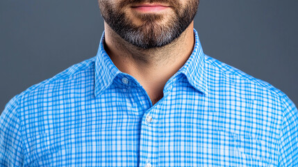 A man stands confidently in a blue checkered shirt, showcasing a clean appearance and a neutral backdrop