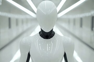 Poster - Futuristic white humanoid robot standing in a brightly lit corridor symbolizing advanced AI technology automation and the future of robotics in modern society