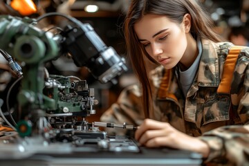 Poster - Female scientist working on robotic components with intense focus highlighting the dedication and expertise involved in the development and enhancement of advanced AI and robotic technologies