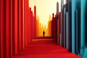 A vibrant abstract landscape featuring a person standing between colorful geometric structures, evoking depth and perspective.