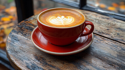 A cozy red cup filled with coffee sits on a rustic wooden table, showcasing beautiful latte art and surrounded by a warm atmosphere