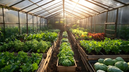 A lush sun drenched greenhouse filled with an abundance of organic vegetables showcasing the bounty of nature s fertility and the vibrant colors of thriving produce