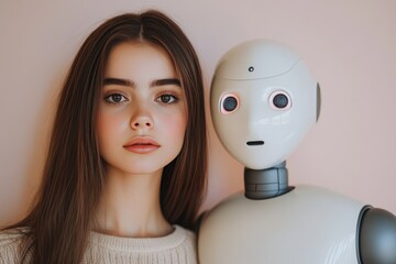 Poster - Young woman standing closely beside a humanoid robot representing the harmonious coexistence of humans and AI in a modern minimalist setting emphasizing future collaborations