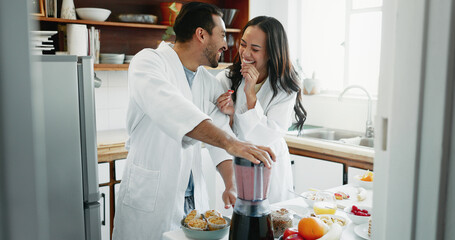 Sticker - Couple, happy and blender for smoothie in kitchen for funny joke, morning routine and healthy protein shake. People, laughing and organic detox for weight loss and breakfast with nutrition in home