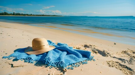 blue towel with hat and summer beach. 