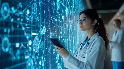 Aufkleber - Doctor teamwork and technology on wall background for research planning and multimedia workflow Healthcare worker group and nurse in portrait with laptop tablet and phone for contact o : Generative AI