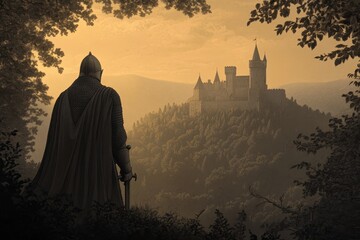 Sticker - An intricate engraving of a medieval knight in full armor, standing valiantly with a castle in the background