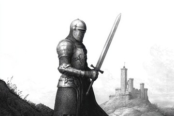 Wall Mural - An intricate engraving of a medieval knight in full armor, standing valiantly with a castle in the background