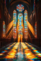 Wall Mural - Sun shining through stained glass window in church