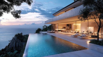 Poster - Luxurious infinity pool overlooking tropical ocean at a modern villa