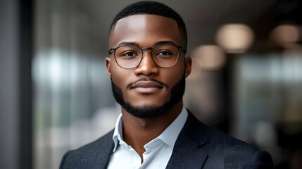 Portrait of a confident black man in a suit and glasses.