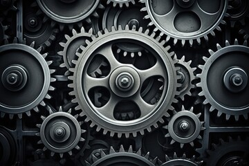 Poster - Retro black and white background of industrial cogs or gears with movement