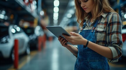 Poster - Female professional using tablet quality checking car parts worker in warehouse Supervisor importexport shipping transportation logistic business factory concept : Generative AI