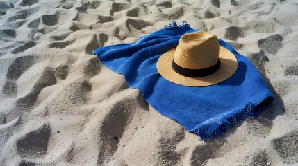 blue towel with hat and summer beach. 