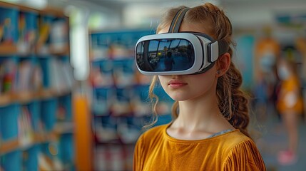 Wall Mural - portrait of schoolgirl with vr headset on head children learning robotics in elementary school using modern technology virtual reality