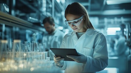 Aufkleber - Science teamwork and scientist with tablet in laboratory for communication pharmaceutical review or planning Employees collaboration and technology for research discussion and digital  : Generative AI