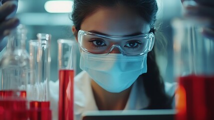 Poster - People mask or scientists on tablet for liquid results life extension or antiaging medicine in laboratory Teamwork vial or biologists with chemistry research test tube or science info  : Generative AI