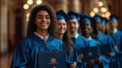 Portrait of a group of smiling happy multiracial diverse graduates students standing in a row in a blue university graduate gown and holding diploma indoors Education and graduation co : Generative AI