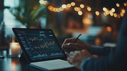 Poster - Top view of smart manager looking at financial statistic on tablet at meeting room Group of diverse business people working together to analyze investment data on table with notebook D : Generative AI