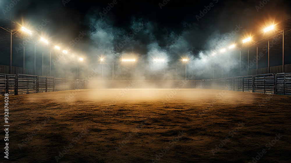 desolate rodeo arena illuminated by bright lights and lingering smoke ...