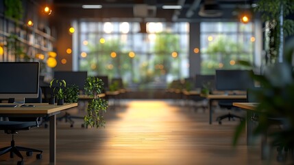 Aufkleber - Modern open space business office interior without people with blurred bokeh light background tables chairs computers  copy space green office concept : Generative AI