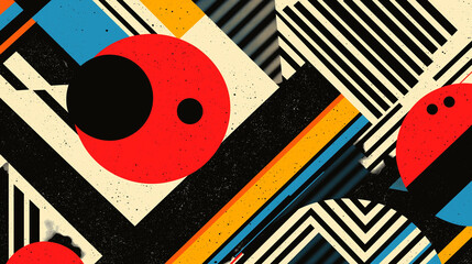 A retro-inspired geometric pattern using bright, bold colors and sharp lines, reminiscent of 1980s design