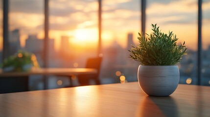 Poster - Blur background of office interior with large windows with city urban view plants and wooden desks at sunset Modern workplace and urban greenery concept Design for poster wallpaper Spa : Generative AI