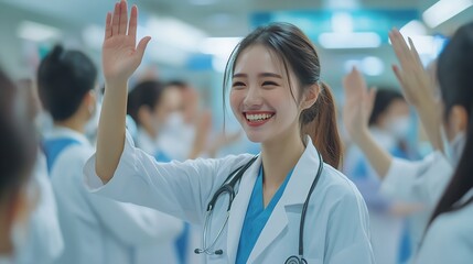 Poster - Tablet people or doctors high five for success goals or achievement target in hospital for healthcare Proud happy women and excited workers with nursing progress medical mission and te : Generative AI