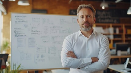 Aufkleber - Meeting whiteboard and businessman speaking for presentation with workshop notes and project proposal in office Talking entrepreneur guy and coaching or teaching staff with explain for : Generative AI