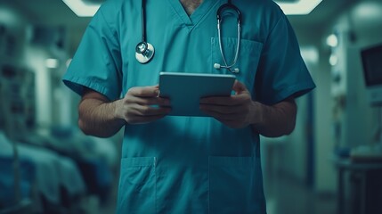 Fototapete - Man doctor and tablet in research medical or Telehealth for communication or networking at hospital Closeup of male person or healthcare surgeon on technology for social media or onlin : Generative AI