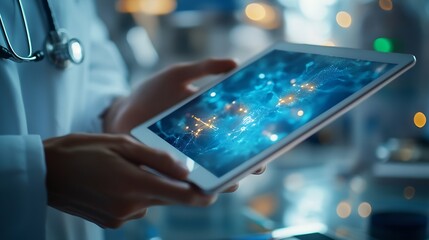 Poster - Hospital tablet and hands of doctor with patient for consulting medical service and help in clinic Healthcare telehealth and people on digital tech for diagnosis online results and ins : Generative AI