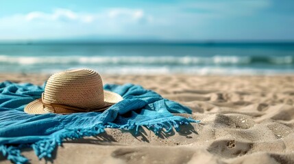 blue towel with hat and summer beach. 