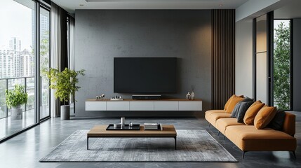 Watercolor modern TV stand with clean lines and sleek storage, in a contemporary living room.