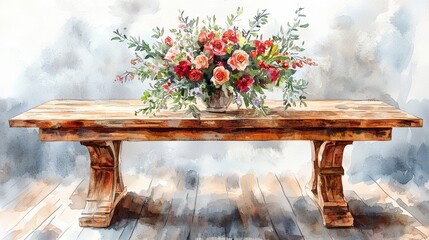 Watercolor rustic wooden dining table with a centerpiece of fresh flowers.