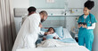 © peopleimages.com - Pediatrician, patient and kid with mother in hospital bed with stethoscope for checkup, test results and records. People, doctor and happy with tablet for medical report with good news and recovery
