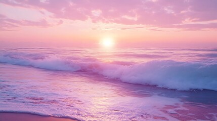 Poster - Beautiful Serene Ocean Sunrise over a calm ocean with a soft pink and purple sky Gentle Waves and Calm Horizon Tranquil and Peaceful Nature Scenes Beach and Relaxation Concepts : Generative AI