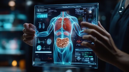 Fototapete - Medical worker holding hologram of a human body with human organs in concept of health Medical future technology and innovative conceptElevate healthcare with AI technology services : Generative AI