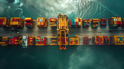 Aerial View of a Cargo Ship with Containers in a Harbor