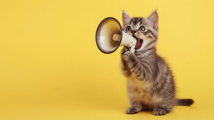 Wall Mural - A funny cat holding a megaphone and announcing with an isolated background