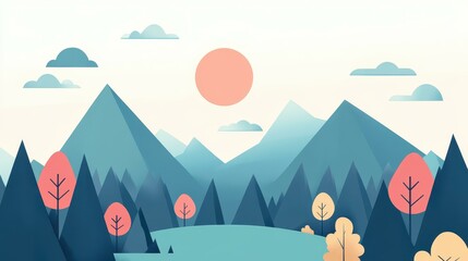 Poster - A vibrant cartoonstyle forest thicket set against a majestic mountain backdrop, showcasing colorful textures in a modern design.