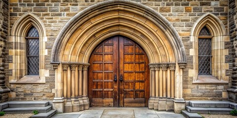 Entrance to a historic church with grand wooden double doors and stone archway, church, entrance, historic, grand