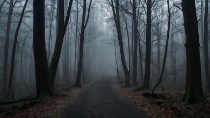 Wall Mural - Dark and mysterious landscape view of spooky road in a forest, white fog covered all trees and sky isn't visible, there are no leaves on trees