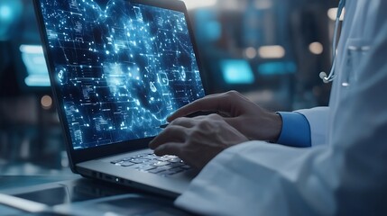 Fototapete - Medical doctor working on laptop with medical network Medical technology and Healthcare concept : Generative AI