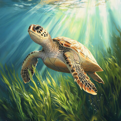 Wall Mural - sea turtle swimming in water